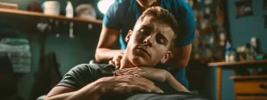 a focused athlete receiving a chiropractic adjustment, showcasing the importance of preventative care in sports performance.