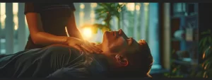 a person receiving a relaxing spinal adjustment from a skilled chiropractor in a serene, modern wellness center.