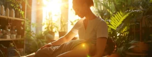 a person receiving a spinal adjustment from a chiropractor in a serene, holistic wellness center surrounded by soothing natural elements.