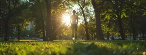 a person standing tall and confident with perfect posture in a peaceful park setting.