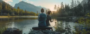 a serene natural setting with a chiropractor adjusting a patient's spine overlooking the picturesque mountains in cochrane.
