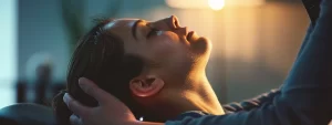 a serene photo of a person receiving a gentle, soothing neck adjustment at cochrane chiropractic clinic.