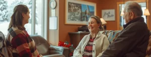 a smiling local resident receiving personalized chiropractic care in a cozy clinic in cochrane, surrounded by supportive health professionals.
