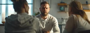 an athlete in cochrane, focusing intensely on a personalized rehabilitation plan, surrounded by a nutritionist and mental health professional, creating a holistic approach to recovery.
