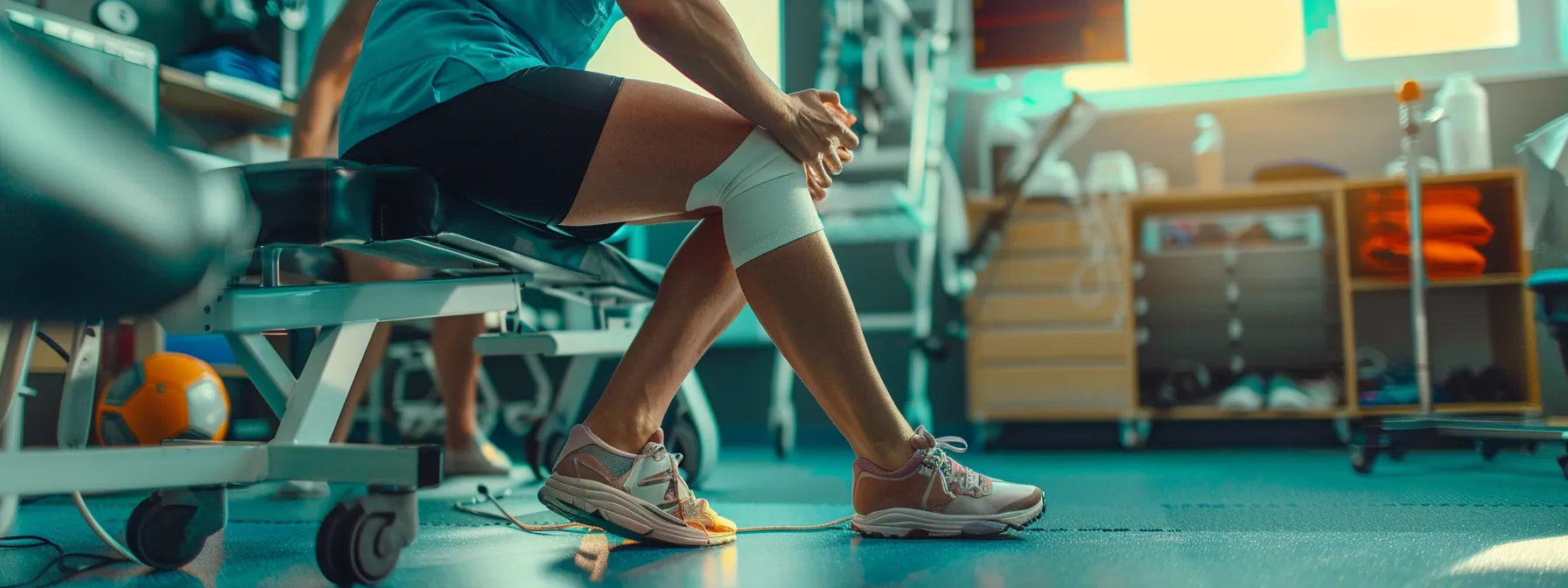 a chiropractor using ultrasound therapy on a patient's injured knee, surrounded by sports equipment and rehabilitation tools. a chiropractor using ultrasound therapy on a patient's injured knee, surrounded by sports equipment and rehabilitation tools.