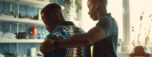 a focused chiropractor adjusting a professional athlete's spine in a modern, bright treatment room.