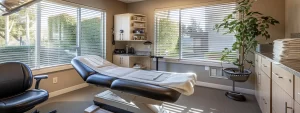 a serene chiropractic office with a comfortable treatment table surrounded by soothing natural light.
