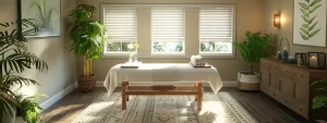 a serene chiropractic office with a cozy treatment table surrounded by soothing essential oil diffusers and green plants, creating a tranquil atmosphere for wellness.
