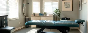 a serene treatment room with a specialized chiropractic table, soothing lighting, and gentle background music at cochrane chiropractic solutions for chronic neck pain.