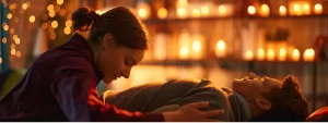 a chiropractor carefully aligns the spine of a relaxed patient, surrounded by soothing candles and soft music in a cozy cochrane clinic.