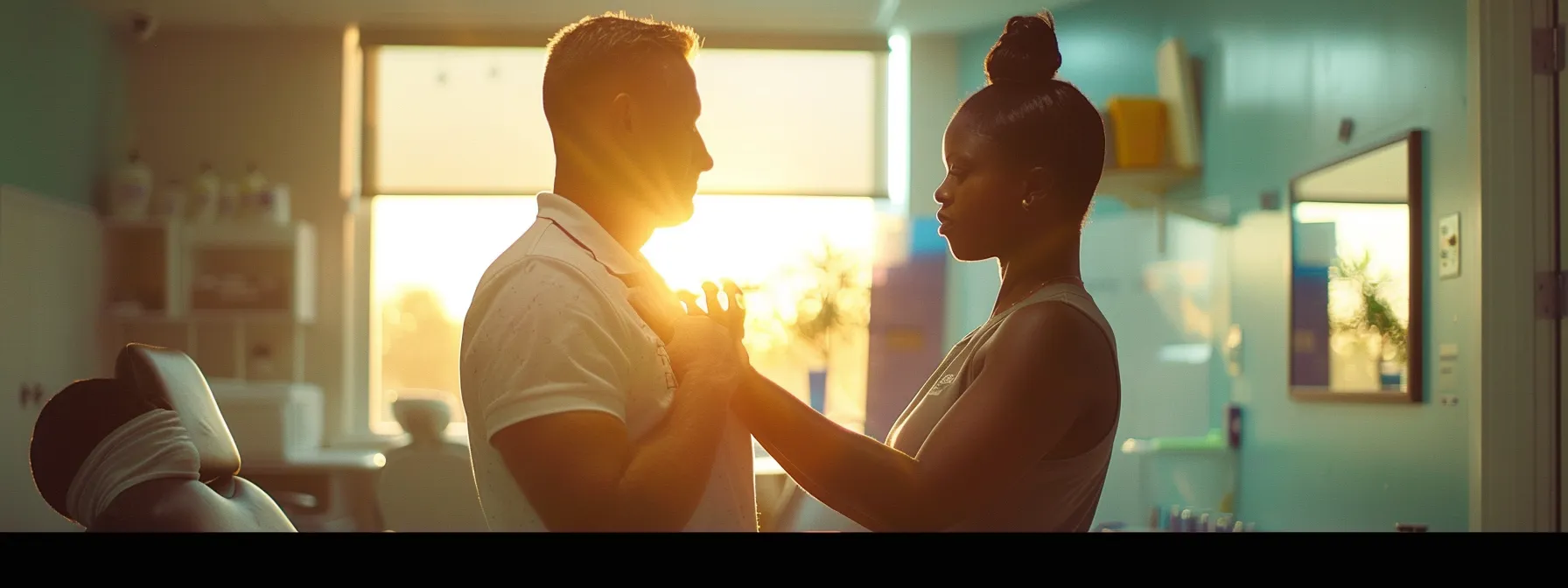 a chiropractor guiding a patient through targeted exercises to improve posture and overall well-being. a chiropractor guiding a patient through targeted exercises to improve posture and overall well-being.