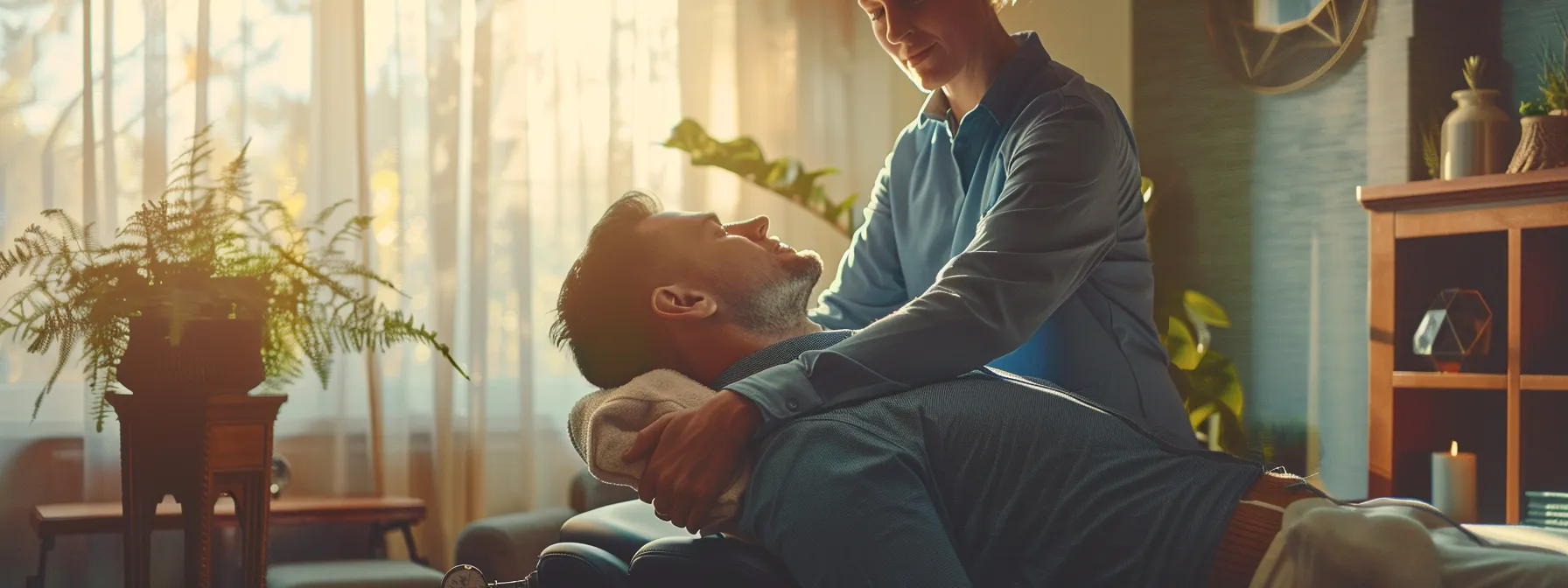 a patient receiving a gentle neck adjustment from a chiropractor in a serene treatment room, surrounded by relaxing decor and soothing music. a patient receiving a gentle neck adjustment from a chiropractor in a serene treatment room, surrounded by relaxing decor and soothing music.