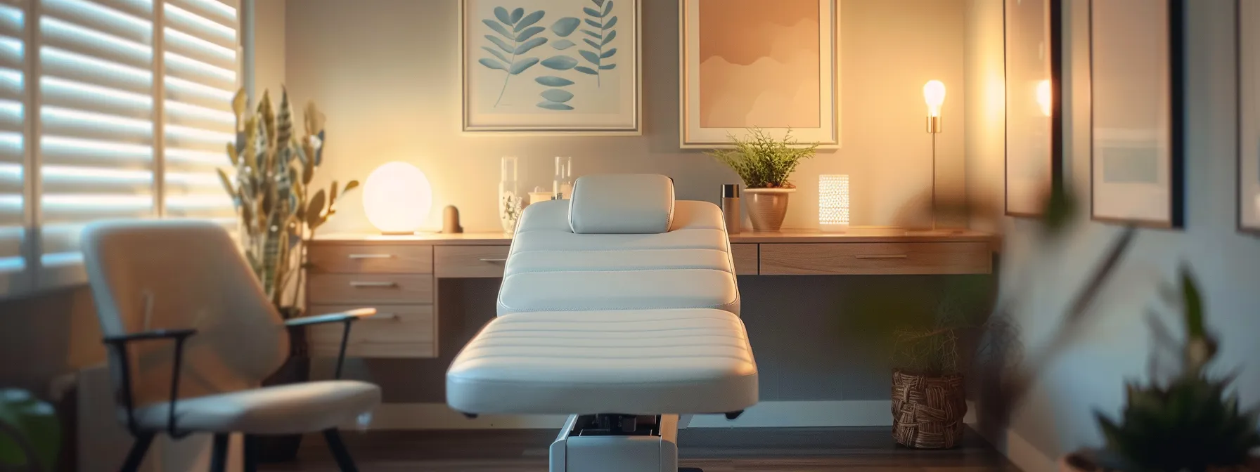 a serene clinic room with a peaceful atmosphere, featuring a comfortable chiropractic table, calming decor, and soft ambient lighting. a serene clinic room with a peaceful atmosphere, featuring a comfortable chiropractic table, calming decor, and soft ambient lighting.