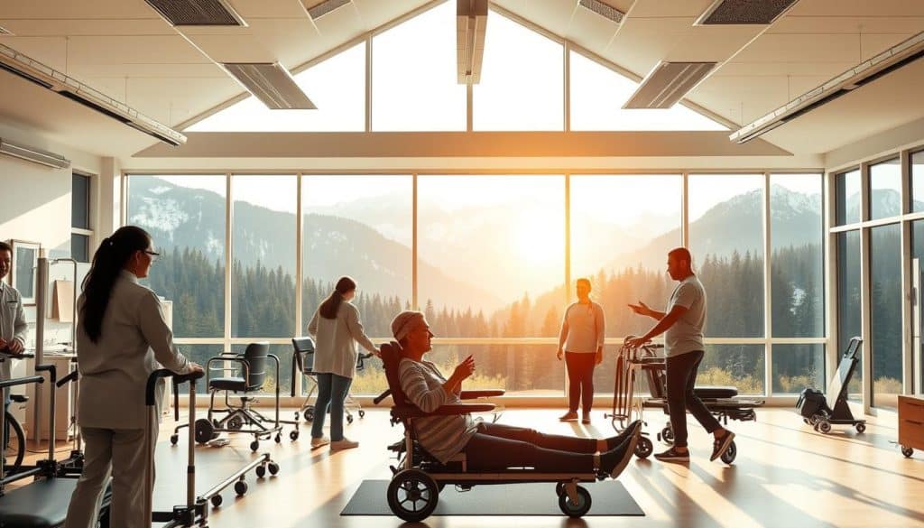 A bustling rehabilitation clinic set against the backdrop of the majestic Rocky Mountains. In the foreground, a team of healthcare professionals guide patients through a series of adaptive exercises, using a variety of specialized equipment and assistive devices. The middle ground features a spacious, well-lit therapy room with high ceilings and large windows, allowing natural light to flood the space. In the background, lush forests and snow-capped peaks create a serene, calming atmosphere, conveying a sense of rejuvenation and healing. Warm, soft lighting filters through the room, creating a soothing, therapeutic ambiance. The scene captures the essence of innovative adaptation strategies tailored to diverse rehabilitation contexts.