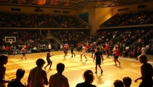 A bustling sports arena, with athletes of varying skill levels engaged in various athletic pursuits. In the foreground, a group of amateur players enthusiastically practicing their techniques on the court, their expressions focused and determined. In the middle ground, seasoned professionals showcase their mastery, moving with fluid grace and precision. The background is filled with spectators, their silhouettes creating a sense of energy and anticipation. The lighting is warm and natural, casting a golden glow over the scene and highlighting the athletes' dedication and passion. The composition is dynamic, with diagonal lines and overlapping figures creating a sense of movement and vitality. The overall atmosphere conveys the inclusive and uplifting nature of sports therapy, catering to individuals at all levels of athletic ability.