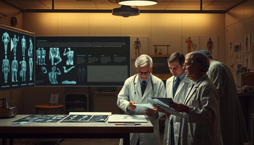 A detailed historical scene depicting the evolution of orthopaedic sports medicine. In the foreground, a group of physicians and researchers in white coats examine x-rays and medical charts, discussing the latest advancements. The middle ground showcases a timeline of key milestones, from the early 20th century treatments to modern rehabilitation techniques. In the background, a dimly lit hospital setting with vintage medical equipment and anatomical diagrams on the walls, conveying a sense of the field's rich heritage. Soft, warm lighting illuminates the scene, creating an atmosphere of intellectual curiosity and medical progress.