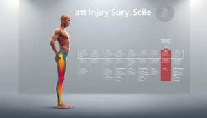 A detailed illustration of a comprehensive "sport injury scale" showcasing various levels of athletic injuries, from minor sprains to severe trauma. The foreground depicts a human figure in an athletic pose, with different colored zones highlighting the injury severity. The middle ground features an annotated scale, visually communicating the progression of injury types. The background setting is a clean, neutral environment with subtle medical iconography, conveying the clinical nature of the subject matter. Rendered in a muted, professional color palette, the image is lit to accentuate the clarity and legibility of the injury scale details. The overall composition and style should align with the article's focus on the psychological aspects of sports injury rehabilitation.