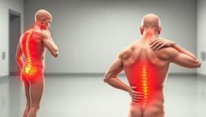 A detailed illustration of "referred vs radicular discomfort", showcasing the distinct pain patterns. In the foreground, a human figure experiences radiating pain along the spine and down the leg, representing radicular discomfort. In the middle ground, another figure exhibits a more localized, dull ache in the shoulder and arm, indicative of referred pain. The background depicts a clean, clinical environment with muted colors, emphasizing the medical context. Crisp, photorealistic rendering with soft, directional lighting to accentuate the anatomical details and subtle differences between the two pain experiences.