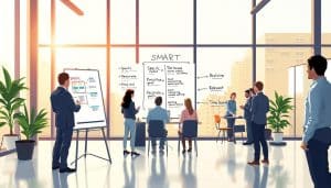 A detailed illustration of the SMART goal implementation process, showcasing a well-organized workflow. In the foreground, a central figure stands before a whiteboard, diligently mapping out specific, measurable, achievable, relevant, and time-bound objectives. The middle ground features a team collaborating, discussing and refining the SMART framework. In the background, a modern office setting with large windows, bathed in warm, natural lighting, conveys a sense of productivity and progress. The overall atmosphere is one of focused determination, strategic planning, and a commitment to achieving meaningful goals.