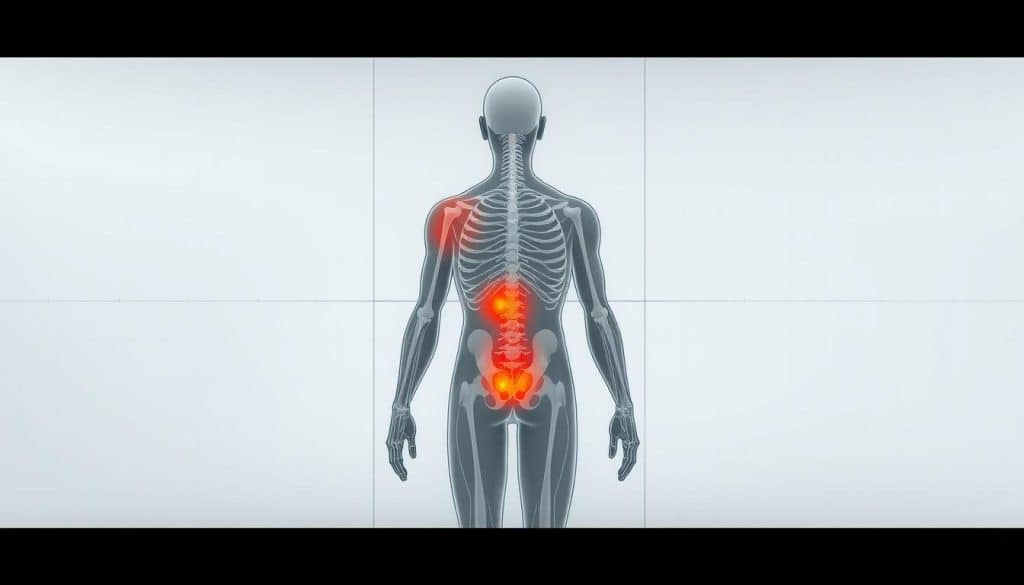 A detailed medical diagram depicting the human body with highlighted regions of referred pain. The image should have a clean, clinical aesthetic with a muted color palette, emphasizing the anatomical details. The foreground should feature a detailed full-body illustration, showcasing the key areas where pain is likely to be felt in different parts of the body, even though the original source of the pain may be located elsewhere. The middle ground should include subtle grid lines or coordinate axes to provide a sense of scale and precision. The background should have a subtle gradient or texture, creating a professional, educational tone. Lighting should be soft and diffuse, with minimal shadows, to maintain a clear, informative presentation. The overall mood should be one of scientific understanding and medical expertise.
