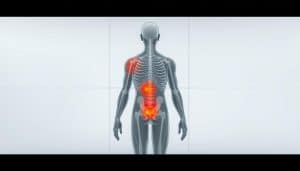 A detailed medical diagram depicting the human body with highlighted regions of referred pain. The image should have a clean, clinical aesthetic with a muted color palette, emphasizing the anatomical details. The foreground should feature a detailed full-body illustration, showcasing the key areas where pain is likely to be felt in different parts of the body, even though the original source of the pain may be located elsewhere. The middle ground should include subtle grid lines or coordinate axes to provide a sense of scale and precision. The background should have a subtle gradient or texture, creating a professional, educational tone. Lighting should be soft and diffuse, with minimal shadows, to maintain a clear, informative presentation. The overall mood should be one of scientific understanding and medical expertise.