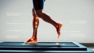A detailed medical illustration showcasing the mechanics of gait analysis. A person walking on a treadmill, captured by a high-resolution camera from a side angle. The scene is well-lit, with soft, directional lighting that accentuates the subject's movements and muscle engagement. The background is clean and minimalist, allowing the viewer to focus on the intricacies of the gait cycle. Anatomical overlays highlight key joint rotations, muscle activations, and pressure distributions across the feet and lower limbs. The overall mood is educational and informative, conveying the importance of gait analysis in sports therapy and rehabilitation.