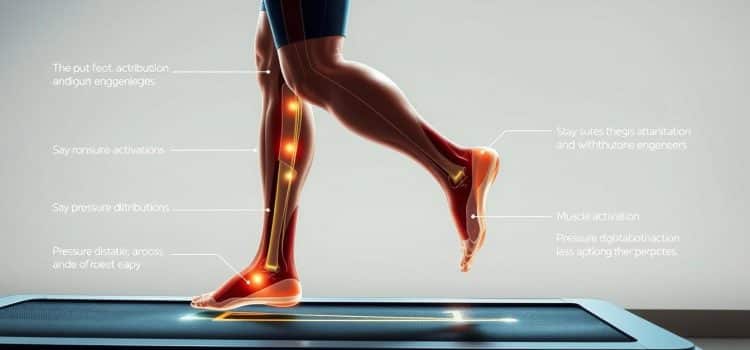 A detailed medical illustration showcasing the mechanics of gait analysis. A person walking on a treadmill, captured by a high-resolution camera from a side angle. The scene is well-lit, with soft, directional lighting that accentuates the subject's movements and muscle engagement. The background is clean and minimalist, allowing the viewer to focus on the intricacies of the gait cycle. Anatomical overlays highlight key joint rotations, muscle activations, and pressure distributions across the feet and lower limbs. The overall mood is educational and informative, conveying the importance of gait analysis in sports therapy and rehabilitation.