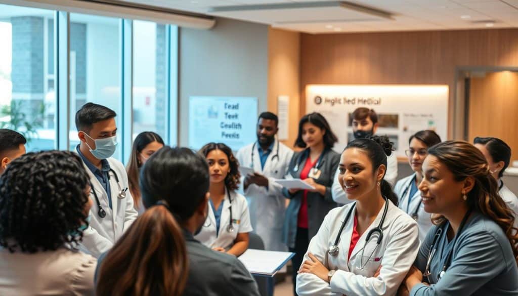 A diverse group of healthcare professionals engaged in culturally sensitive training, set against a backdrop of a modern, welcoming medical facility. In the foreground, providers of various ethnicities and backgrounds participate in an interactive seminar, their expressions attentive and engaged. The middle ground showcases informative visual aids and reference materials, while the background features clean, well-lit interiors with warm, earthy tones to cultivate a sense of comfort and inclusivity. Soft, diffused lighting illuminates the scene, creating a professional yet approachable atmosphere conducive to learning and open dialogue.