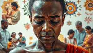 A diverse group of individuals from various cultural backgrounds, each expressing their unique perspectives on the experience of pain and recovery. The foreground features a central figure in a meditative pose, their face etched with a contemplative expression. Surrounding them, a tapestry of vignettes unfolds - a traditional healer administering herbal remedies, a family gathered in a gesture of support, and a person undergoing physical therapy, all set against a backdrop of vibrant, culturally-inspired motifs. The lighting is soft and diffused, creating an atmosphere of introspection and understanding. The composition is balanced, with each element complementing the others to convey the rich tapestry of cultural approaches to the universal human experience of pain and healing.