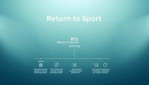 A minimalist, clean-lined illustration depicting the definitions and terminology associated with "Return to Sport" and "RTS" concepts. In the foreground, a simple wireframe diagram showcases the key elements - physical/functional capacity, psychological readiness, and sport-specific performance. The middle ground features subtitles and icons to define these RTS factors. The background has a serene, gradient wash in muted blues and greens, evoking a sense of calm and focus. Lighting is soft and diffused, with a slight vignette effect to draw the eye inward. The overall aesthetic is modern, professional, and informative, suitable for a sports medicine article.