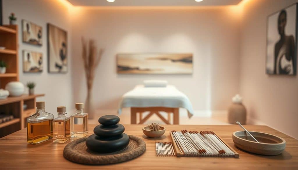 A peaceful and serene treatment room, bathed in soft, diffused lighting. In the foreground, various therapeutic tools and instruments are neatly arranged on a clean, wooden table - massage oils, hot stones, and acupuncture needles. In the middle ground, a comfortable treatment table stands, inviting the patient to relax and receive their therapy. The background features soothing nature-inspired artwork and calming, earthy tones, creating an atmosphere of tranquility and healing. The overall scene conveys a sense of professionalism, care, and holistic well-being.