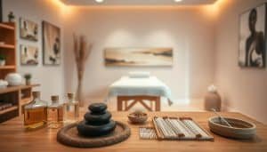 A peaceful and serene treatment room, bathed in soft, diffused lighting. In the foreground, various therapeutic tools and instruments are neatly arranged on a clean, wooden table - massage oils, hot stones, and acupuncture needles. In the middle ground, a comfortable treatment table stands, inviting the patient to relax and receive their therapy. The background features soothing nature-inspired artwork and calming, earthy tones, creating an atmosphere of tranquility and healing. The overall scene conveys a sense of professionalism, care, and holistic well-being.