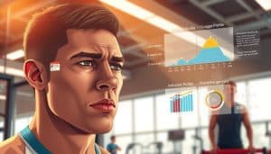 A professional athlete undergoes a comprehensive mood assessment, captured in a realistic digital illustration. The foreground depicts the athlete, their face conveying a range of emotions - determination, focus, and a hint of fatigue. The middle ground showcases various mood state indicators, including the Iceberg Profile, visualized through data visualizations and infographic elements. The background provides a sense of the high-performance sports environment, with gym equipment, training aids, and a sleek, minimalist aesthetic. The lighting is warm and directional, accentuating the athlete's features and the mood data. The overall composition and style evoke a sense of scientific rigor and psychological insights, reflecting the subject matter of the article section.