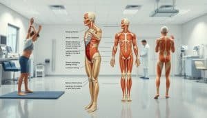 A series of medical illustrations depicting the progressive stages of post-surgery rehabilitation for a patient. The foreground shows a person undergoing various physical therapy exercises, including stretching, strengthening, and balance training. The middle ground features detailed anatomical diagrams highlighting the repaired area and the surrounding musculature. The background presents a clean, sterile medical environment with equipment and personnel overseeing the rehabilitation process. The lighting is soft and diffused, creating a calm and professional atmosphere. The angle is a combination of close-ups and wider shots, allowing for a comprehensive understanding of the rehabilitation phases. The overall mood is one of gradual recovery, scientific precision, and patient-centered care.