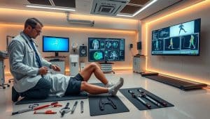A sleek, modern laboratory setting with advanced medical equipment and diagnostic tools. In the foreground, a doctor or physical therapist is carefully examining a patient's knee joint, assessing range of motion and stability. The middle ground features various assessment methodologies laid out, including goniometers, pressure mats, and video capture systems. The background showcases a large screen displaying detailed biomechanical analyses and data visualizations. Warm, professional lighting casts a clinical yet reassuring atmosphere, reflecting the precise, evidence-based approach to evaluating an athlete's readiness to return to sport.