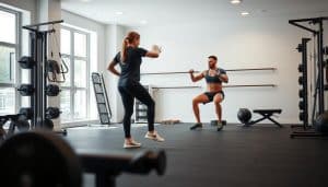 A sports therapy clinic, with a well-equipped gym in the foreground. In the middle ground, a physiotherapist is assessing a patient's functional movements, analyzing their strength, range of motion, and balance. The patient is performing various exercises, such as squats, lunges, and core stabilization drills, while the therapist observes and takes notes. The background features a minimalist, modern design with large windows allowing natural light to flood the space. The overall atmosphere is one of professionalism, with a focus on evidence-based rehabilitation and a commitment to helping athletes return to their sport safely and effectively.