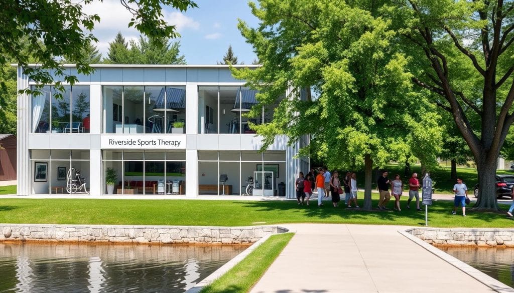 A two-story building with large windows and a modern, sleek facade, nestled along the banks of a tranquil river. The front entrance is marked by a prominent sign reading "Riverside Sports Therapy Calgary". The interior is filled with natural light, clean lines, and state-of-the-art rehabilitation equipment. Outside, a lush green lawn and mature trees create a serene, park-like atmosphere. People of diverse backgrounds are seen entering and exiting the facility, reflecting the inclusive and welcoming nature of this cultural hub. The overall scene conveys a sense of health, community, and harmony with the natural environment.