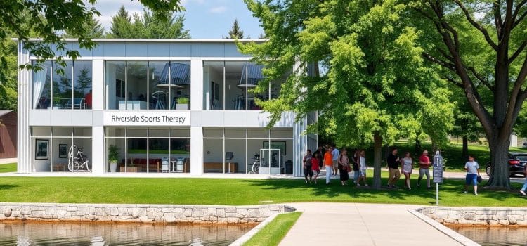 A two-story building with large windows and a modern, sleek facade, nestled along the banks of a tranquil river. The front entrance is marked by a prominent sign reading "Riverside Sports Therapy Calgary". The interior is filled with natural light, clean lines, and state-of-the-art rehabilitation equipment. Outside, a lush green lawn and mature trees create a serene, park-like atmosphere. People of diverse backgrounds are seen entering and exiting the facility, reflecting the inclusive and welcoming nature of this cultural hub. The overall scene conveys a sense of health, community, and harmony with the natural environment.