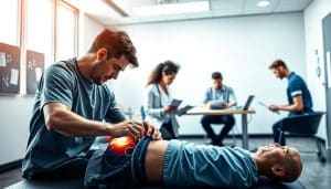 A vibrant, evidence-based learning process unfolds, showcasing a dynamic interplay of hands-on exploration, analytical reasoning, and real-world application. In the foreground, a sports therapist meticulously examines a patient's injury, their movements captured in fluid motion. The middle ground depicts a collaborative workspace, where clinicians pore over data, discuss case studies, and consult reference materials. In the background, a sleek, modern clinic setting provides a calm, well-lit backdrop, accentuating the clinical precision and attention to detail that defines the Riverside Sports Therapy approach. The overall scene conveys a sense of diligence, intellectual curiosity, and a commitment to delivering the best possible care, reflecting the core principles of the "Developing and Implementing Clinical Reasoning Skills" section.