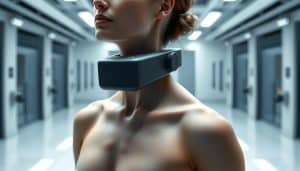 A wearable motion analysis device, sleek and ergonomic, with a minimalist design. The device features an array of sensors and cameras, capturing the wearer's movements with precision. The smooth, matte finish blends seamlessly with the skin, creating an unobtrusive and comfortable experience. Surrounded by a futuristic laboratory setting, the device is bathed in a soft, diffused light, highlighting its advanced technical capabilities. The background features a clean, sterile environment, hinting at the scientific and medical applications of this cutting-edge technology.