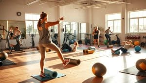 A bright, sun-drenched gym setting with a diverse group of individuals engaged in various active recovery exercises. In the foreground, a person is stretching their hamstrings, while others perform light cardio activities like jogging in place or riding stationary bikes. The middle ground features individuals rolling on foam rollers, targeting muscle groups and improving flexibility. In the background, the space is filled with exercise equipment, such as resistance bands, yoga mats, and medicine balls, creating a sense of a well-equipped, modern fitness facility. The lighting is warm and natural, casting a soft glow on the scene, and the overall atmosphere conveys a sense of rejuvenation and focused, low-impact movement.