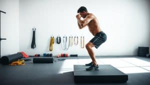 A brightly lit, high-resolution studio photograph showcasing a functional movement screen setup. In the foreground, a male athlete stands on a square platform, performing a deep squat exercise, his form and posture captured in vivid detail. The middle ground features an array of resistance bands, foam rollers, and other movement screening tools meticulously arranged. In the background, a clean, minimalist white wall provides a clean, professional backdrop, highlighting the clinical and analytical nature of the scene. Soft, directional lighting casts long shadows, emphasizing the subject's movements and the overall precision of the setup. The overall mood is one of clinical analysis, with a focus on assessing and optimizing the athlete's movement patterns.