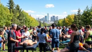 A bustling community of sports therapists and athletes gathers in a vibrant, sun-dappled outdoor setting in Calgary, Alberta. In the foreground, a group of physiotherapists and trainers engage in lively discussions, sharing knowledge and techniques. The middle ground showcases individuals undergoing various therapeutic treatments, from massage to rehabilitation exercises, all performed with care and expertise. In the background, the iconic skyline of Calgary rises, framed by towering trees and a cloudless blue sky. The scene exudes a sense of collaboration, wellness, and the passion that drives this supportive sports therapy community.