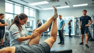 A bustling sports therapy clinic in Calgary, with athletes undergoing neural tension evaluation. In the foreground, a physiotherapist carefully examines a patient's leg, using specialized techniques to assess neural mobility and potential restrictions. The middle ground features various diagnostic tools and equipment, conveying a sense of professionalism and medical expertise. The background showcases the clinic's modern, well-lit interior, with clean lines and soothing colors that create a calming atmosphere for the therapeutic process. The overall scene emphasizes the importance of thorough neural assessment in optimizing athletic performance and preventing injury.
