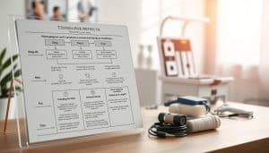 A clinical protocol chart illuminated by soft, natural lighting, showcasing a structured, methodical approach to managing pain and symptoms during tendon rehabilitation. The foreground features a detailed diagram highlighting key steps, with clear icons and minimal text. The middle ground presents supporting medical equipment, such as electrodes, bandages, and therapeutic tools, arranged in an organized manner. The background depicts a calm, clinical environment, potentially with medical imagery or soothing natural elements to convey a sense of professionalism and care. The overall composition should strike a balance between the technical and the empathetic, reflecting the importance of both scientific rigor and patient-centered rehabilitation.
