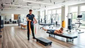 A clinical rehabilitation center with physical therapy equipment and experts guiding athletes through comprehensive recovery programs. The foreground depicts a physiotherapist assisting a patient with targeted exercises, using resistance bands and balance boards. The middle ground showcases a mix of modalities like massage tables, cryotherapy units, and exercise machines. The background features an open, airy space with large windows, natural lighting, and serene decor to promote wellness. The atmosphere conveys a sense of professionalism, care, and holistic healing to support the athlete's journey back to peak performance.