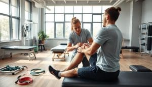 A clinical sports therapy session in a well-equipped, modern facility. In the foreground, a physiotherapist carefully examines an athlete's injured knee, using advanced diagnostic techniques. The middle ground features various sports therapy tools and equipment, including resistance bands, massage tables, and rehabilitation devices. The background showcases a spacious, well-lit room with large windows, allowing natural light to flood the space and create a serene, calming atmosphere. The overall mood is one of professionalism, care, and a focus on evidence-based practices to help the athlete recover and return to their sport.