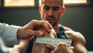 A close-up view of a sports therapist's hands carefully measuring the pain level of an athlete's injured knee using a standard pain scale ruler. The athlete's face is in the background, expressing a mixture of discomfort and determination. The scene is bathed in warm, natural lighting, capturing the care and attention of the therapist's examination. The overall atmosphere conveys a sense of empathy and the patient's determination to overcome their injury. The image should have a clean, clinical aesthetic to match the subject matter.