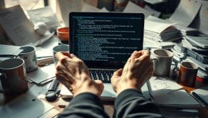 A cluttered desk with scattered papers, coffee mugs, and a laptop displaying a jumble of error messages and code syntax issues. The lighting is harsh, casting shadows that accentuate the disarray. In the foreground, a frustrated programmer's hands grip the sides of the laptop, their expression conveying the exasperation of troubleshooting complex coding problems. The background is slightly blurred, drawing the viewer's attention to the central chaos of the workspace, a visual metaphor for the challenges of avoiding common coding mistakes.
