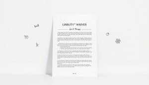 A crisp, high-resolution image of a neatly organized liability waiver document for sports therapy services, set against a clean, professional backdrop. The waiver form is positioned centrally, with its title and key legal sections clearly visible. Surrounding the document are subtle design elements that evoke the concepts of wellness, rehabilitation, and client-therapist trust, such as simple line art icons of exercise equipment, human silhouettes, and a light, muted color palette. The lighting is soft and even, creating a sense of clarity and attention to detail. The overall composition conveys the importance of thorough, transparent legal agreements in the context of providing safe, high-quality sports therapy.